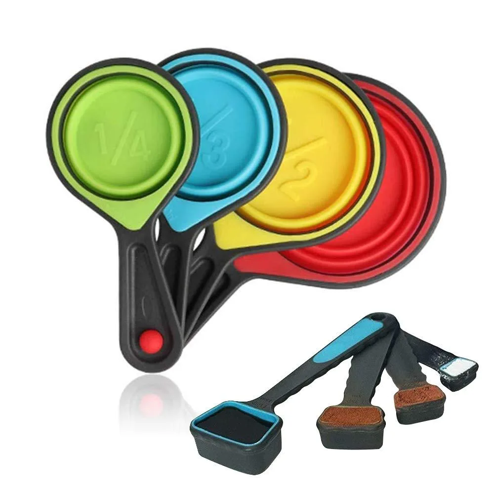 Eight collapsible silicone measuring cups and spoons in assorted sizes, folded flat and nested together on a white surface