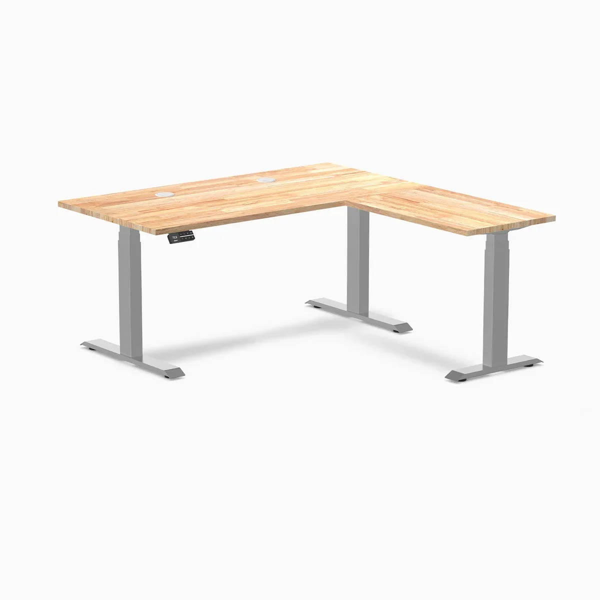 Desky Desky Rubberwood L-Shape Sit Stand Desk Natural Timber Grey 60 x 30 x 62 x 20 in with Grommets — product photo