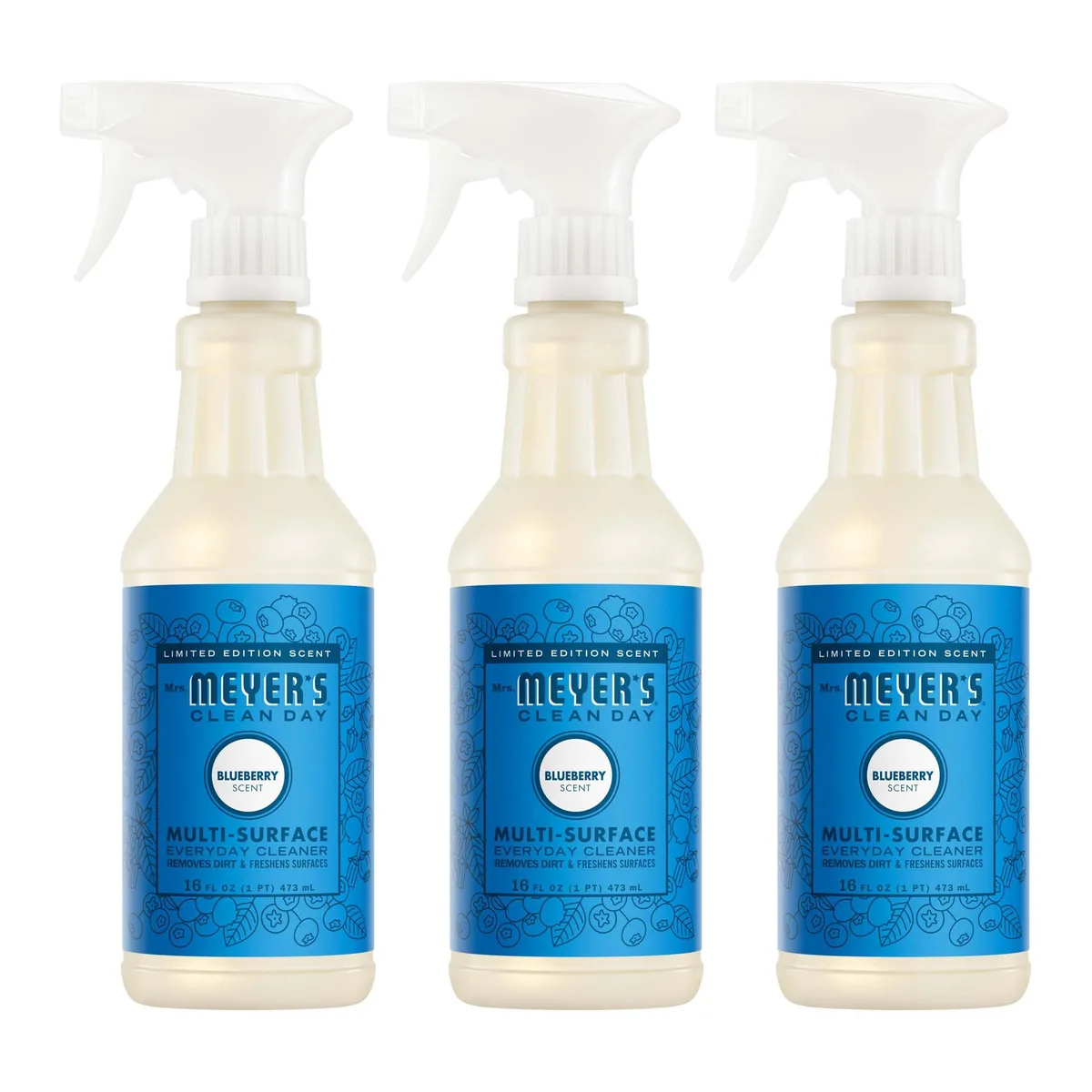 Three white 16 fl oz spray bottles in blueberry scent