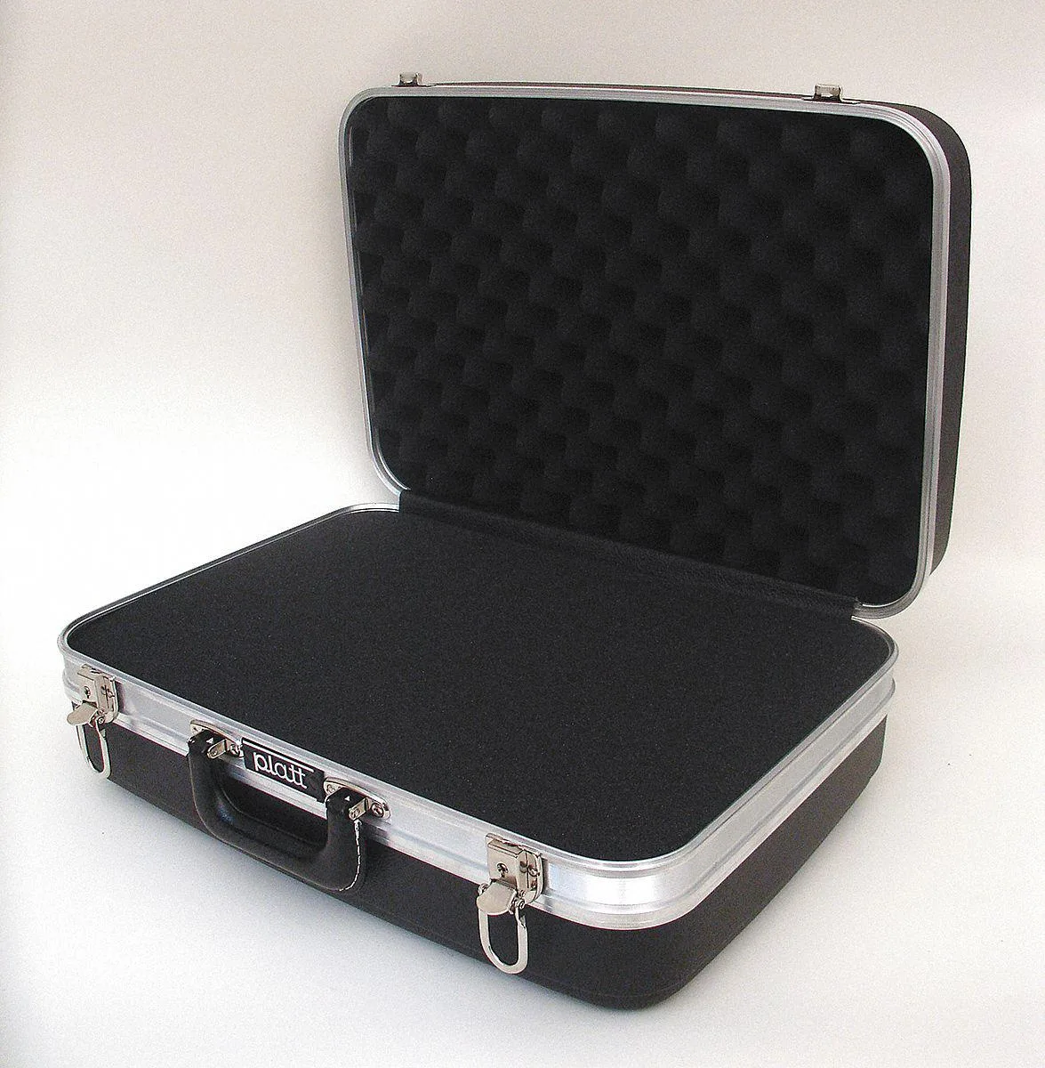 Black plastic protective case with folding handle and two latches, foam insert inside
