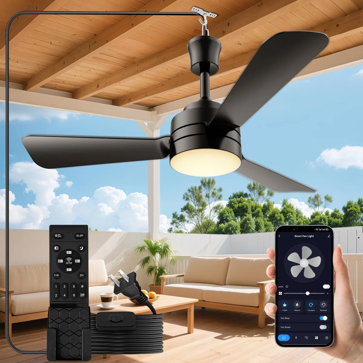 Black 28 inch hook-type ceiling fan with integrated LED light, plastic body, 16 ft plug-in cord
