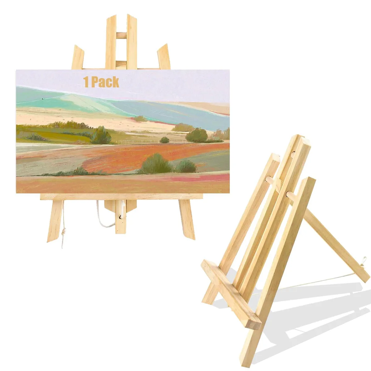 Small 11.8 inch pine A-frame tabletop easel, natural wood finish, tripod form, folds flat