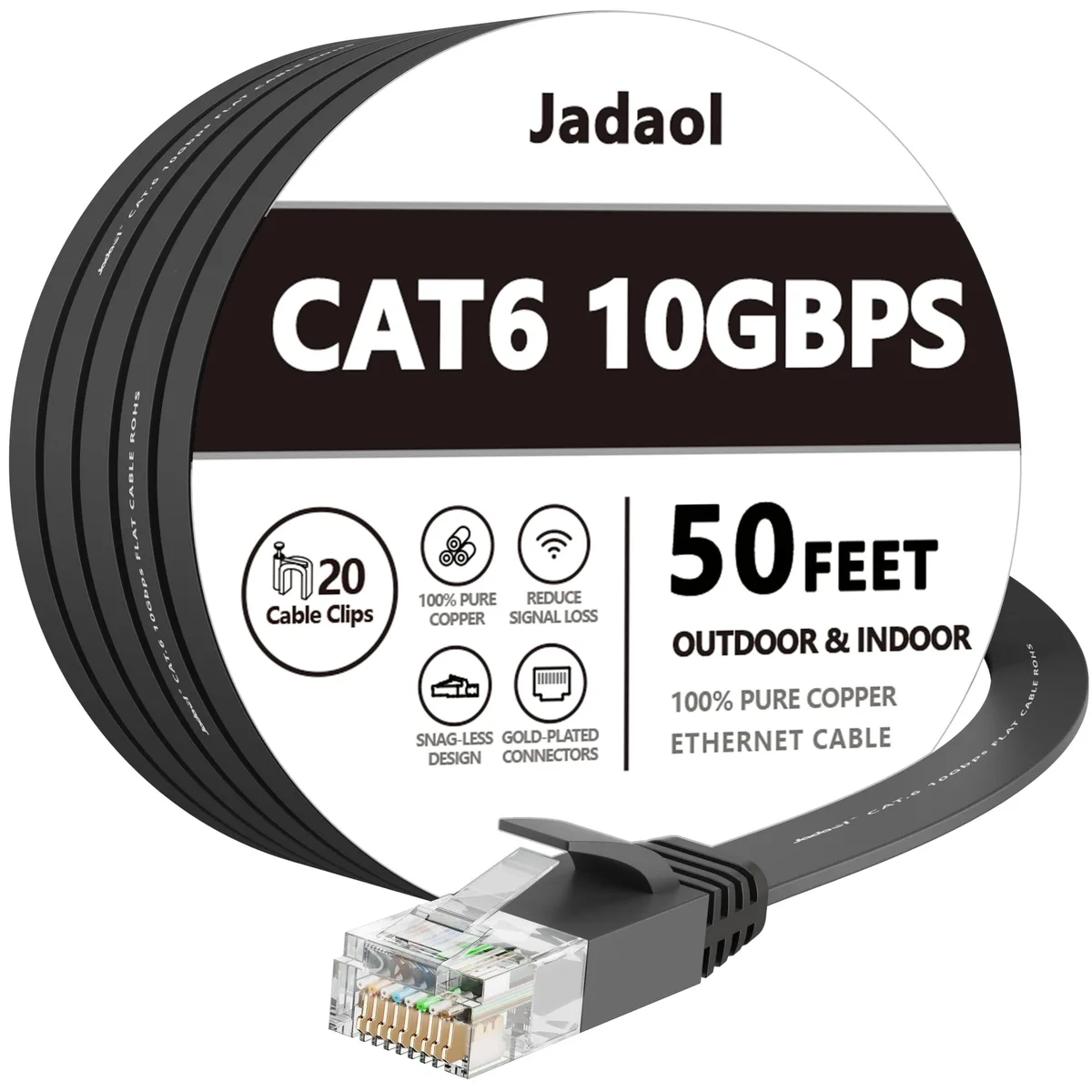 Black flat Cat6 Ethernet cable 50 ft with RJ45 connectors and 20 clips