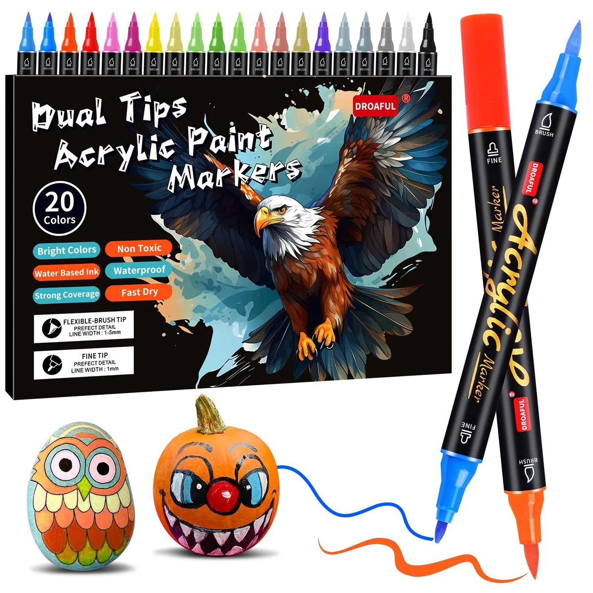  Droaful Acrylic Paint Pens 20 Colors Dual Tip Waterproof — product photo