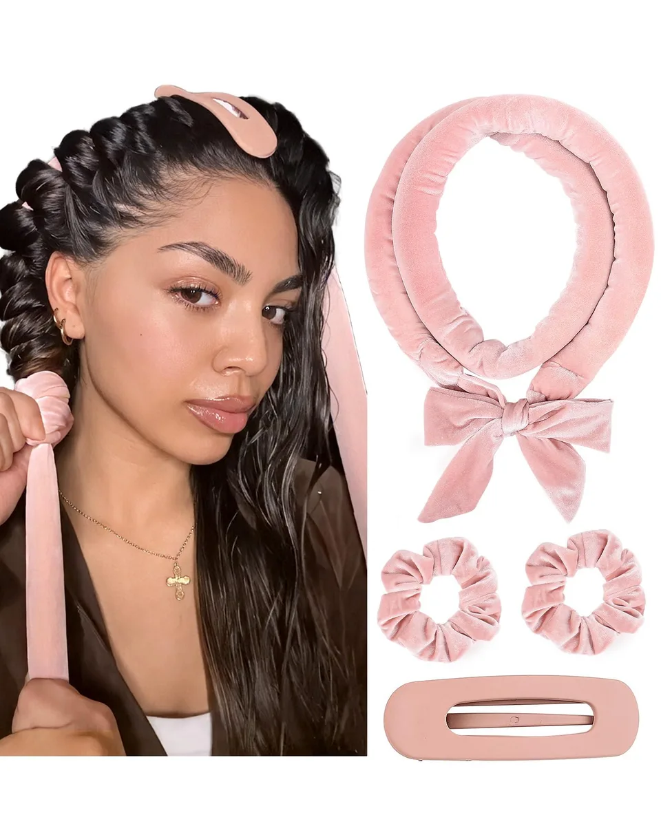 Pink satin bonnet with long curling ribbon and hair clips