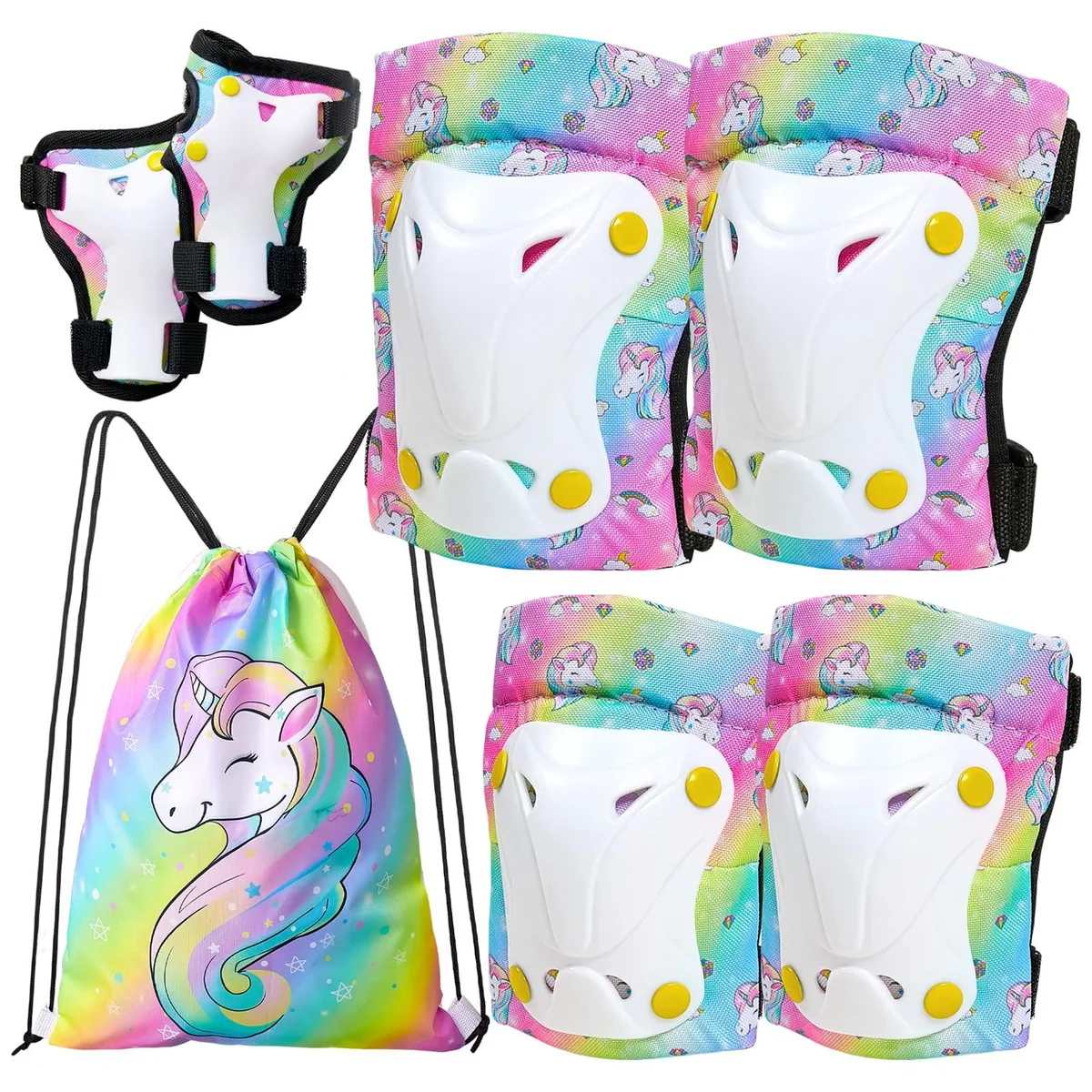 FIODAY 7-piece kids protective set with unicorn drawstring bag