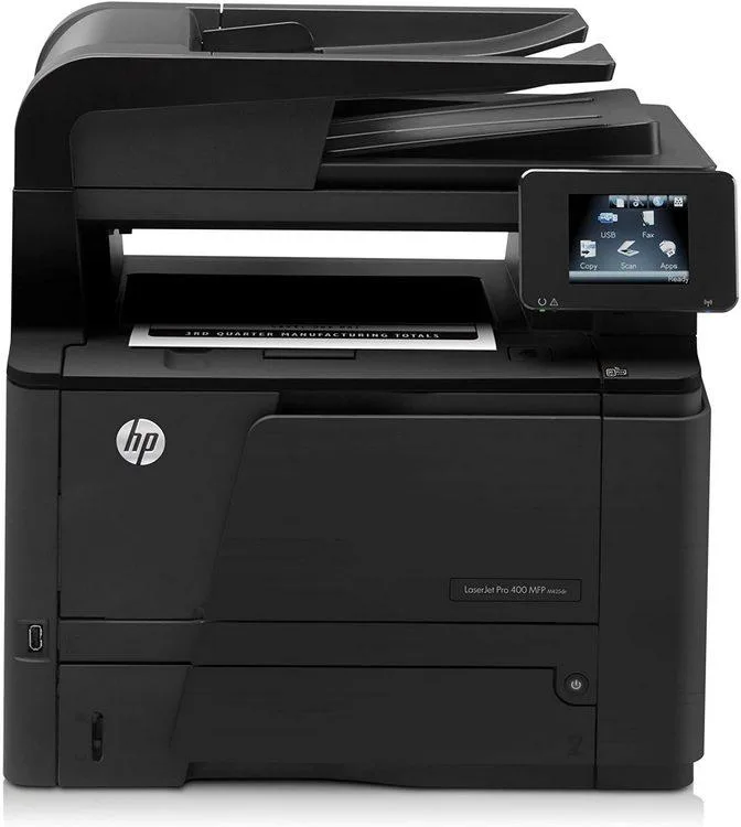 White rectangular office printer with scanner lid and control panel