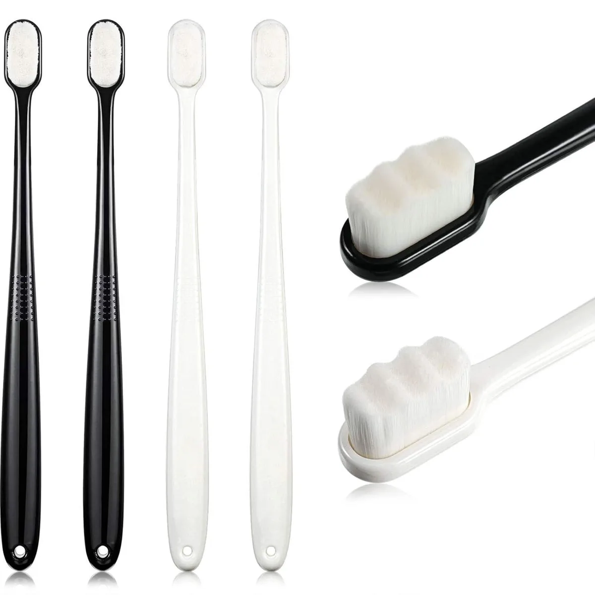 Four white soft manual toothbrushes with built-in tongue scrapers