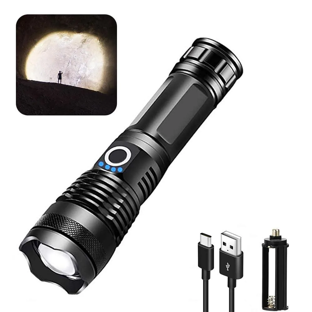 Black cylindrical aluminium flashlight with zoom head, four blue power indicators and USB charging port