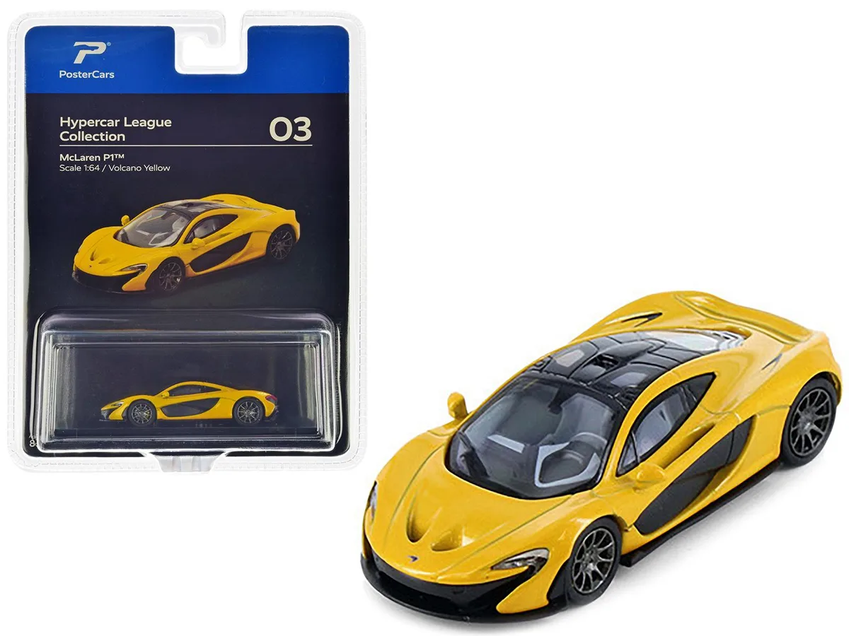 PosterCars PosterCars McLaren P1 Volcano Yellow Black Top Hypercar League 1/64 Diecast — product photo