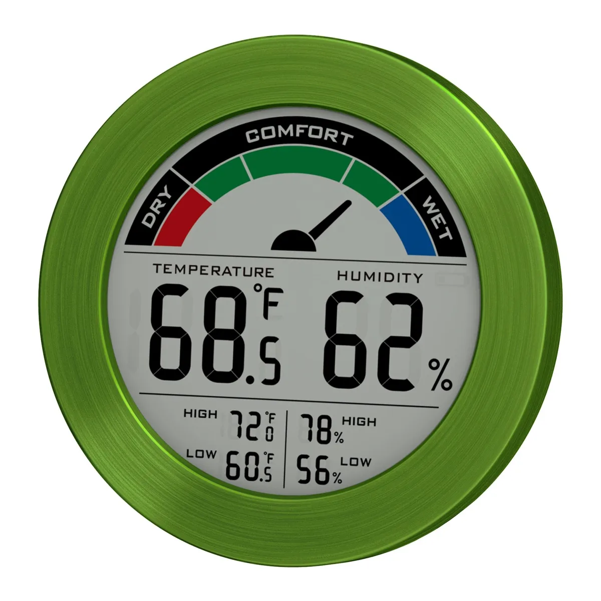 Round green stainless hygrometer thermometer with brushed metal frame and 3.2 inch LCD