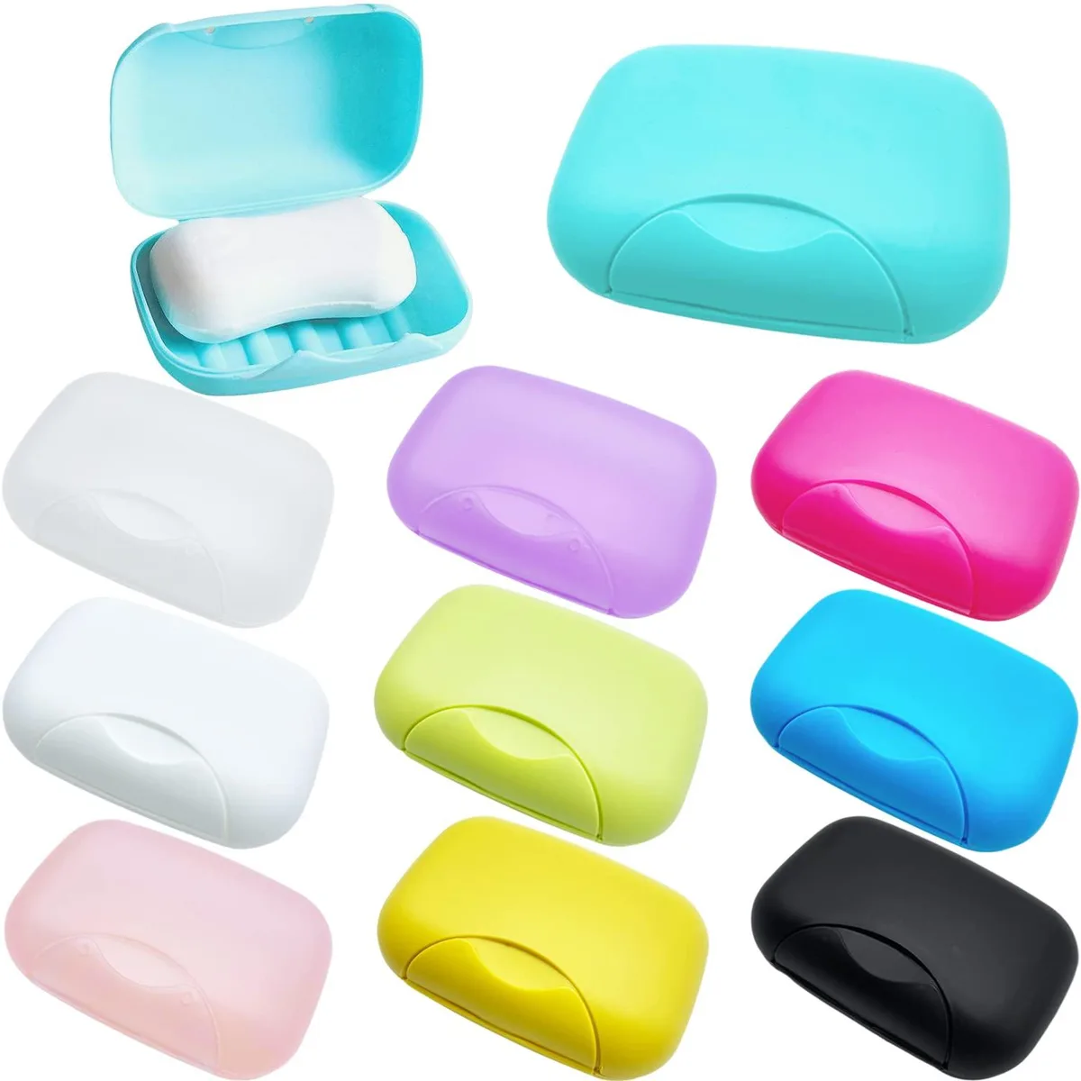 Ten rectangular plastic soap boxes in assorted colours with lockable lids
