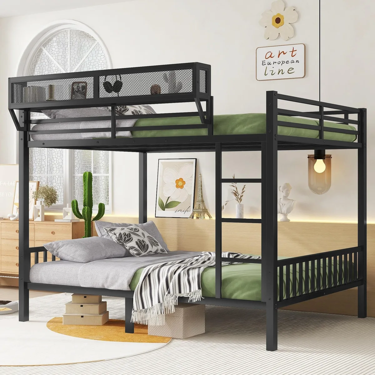 Black metal queen-over-queen bunk bed with ladder, guardrails and storage shelf
