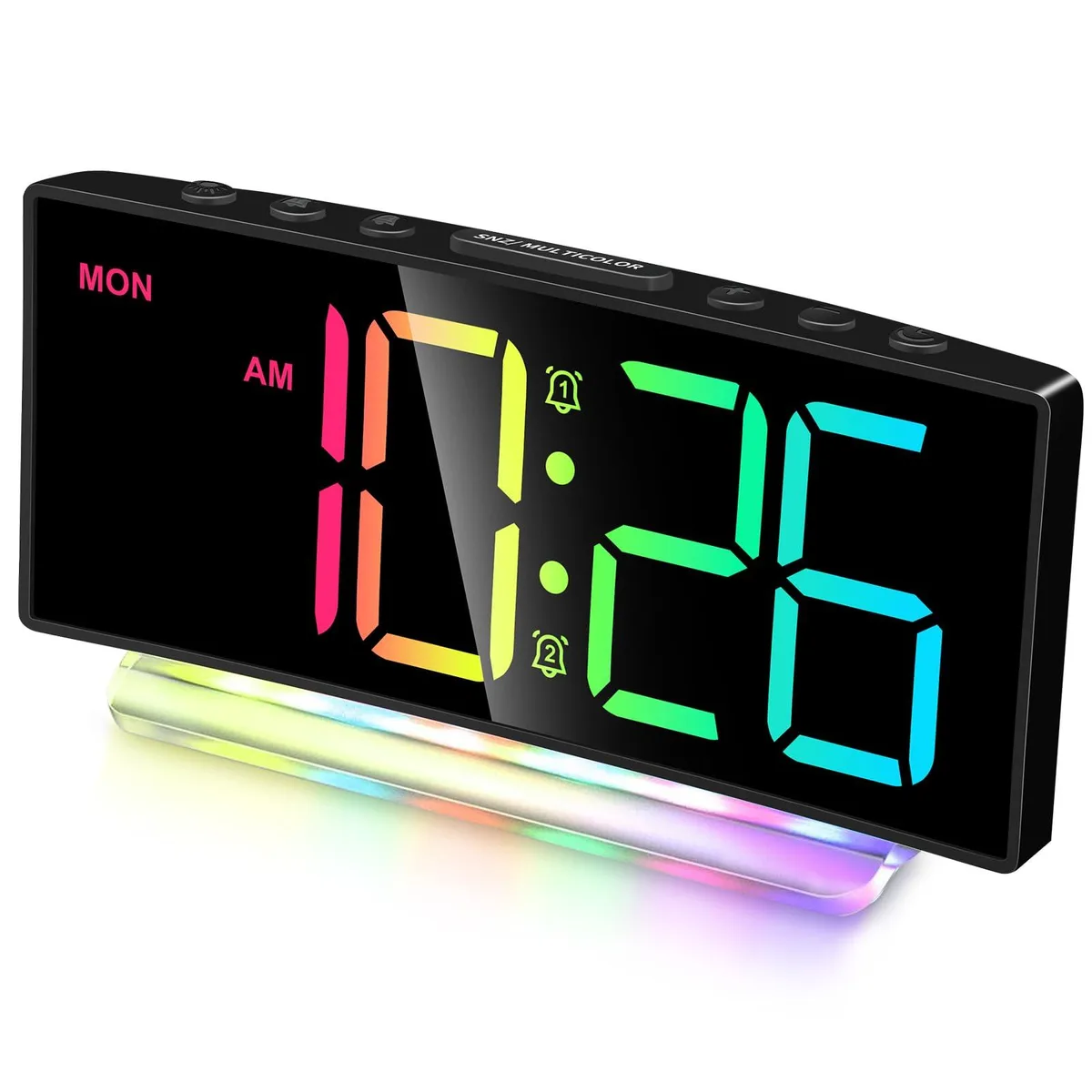 Black rectangular alarm clock with large LED display and USB charging port