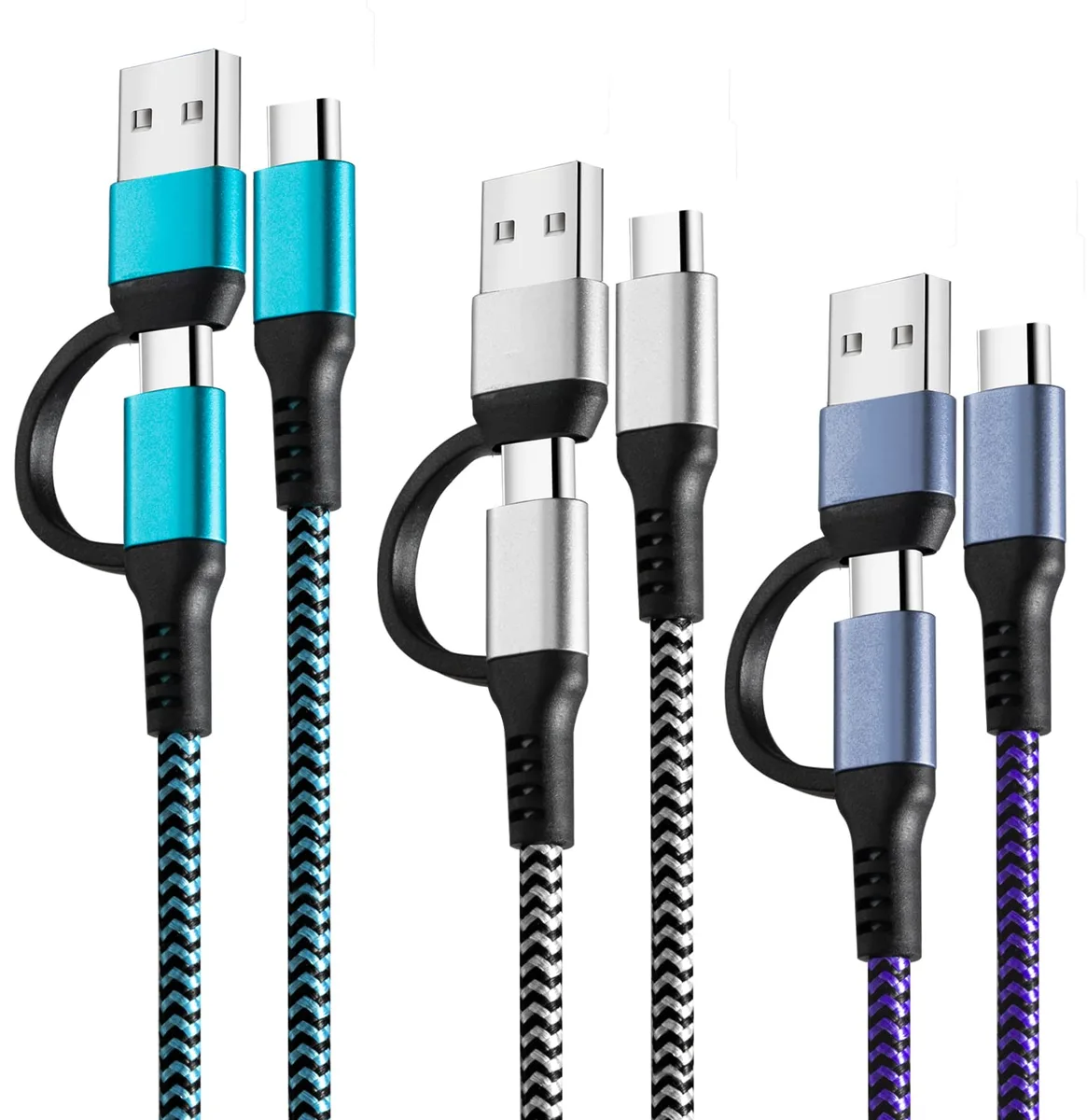 Three black braided 2-in-1 USB cables with dual A/C connectors on one end and C on the other, coiled together