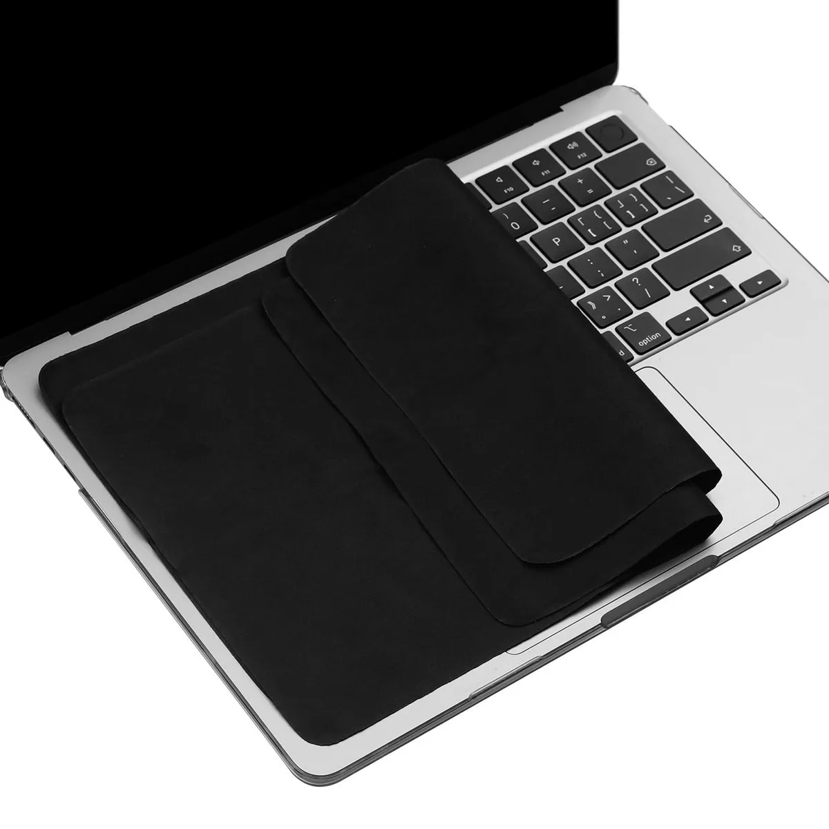 Two black microfibre cloths 11.4 by 7.7 inches for 13 inch screens