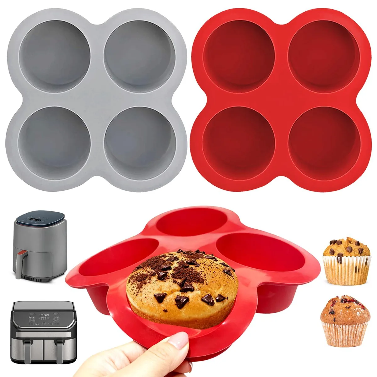 Three flexible silicone baking trays each holding four shallow cups