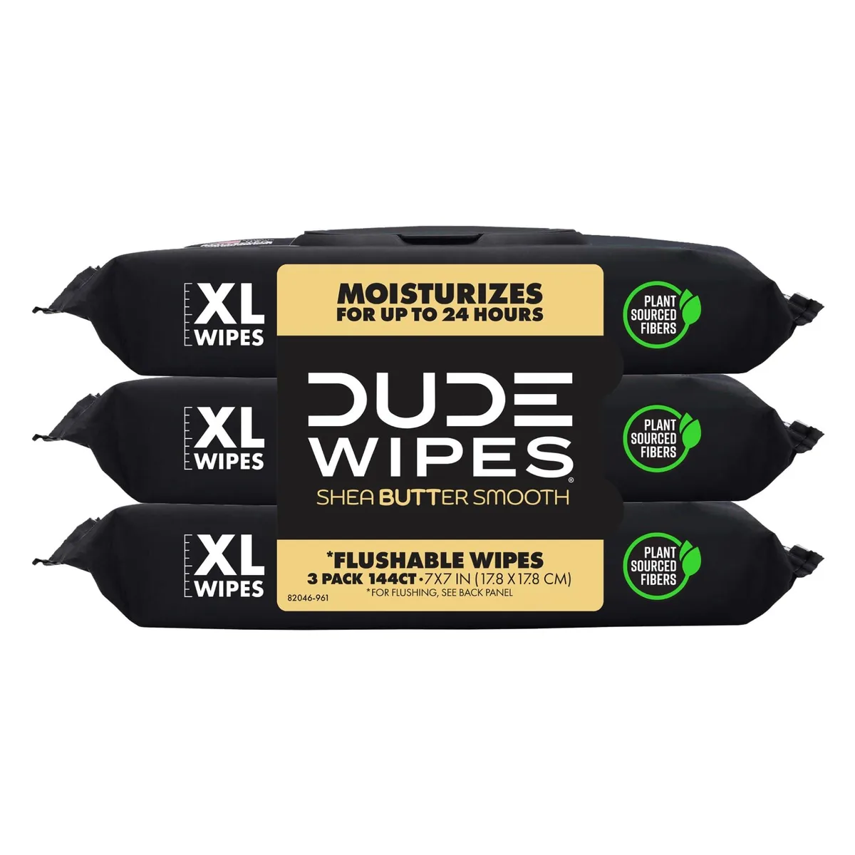 Three white packs of flushable wet wipes with shea butter scent
