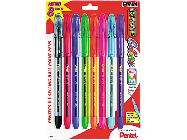 Pentel of America, Ltd. Pentel of America, Ltd. BK91CRBP8M pen, assorted ink, medium, 8 per pack — product photo