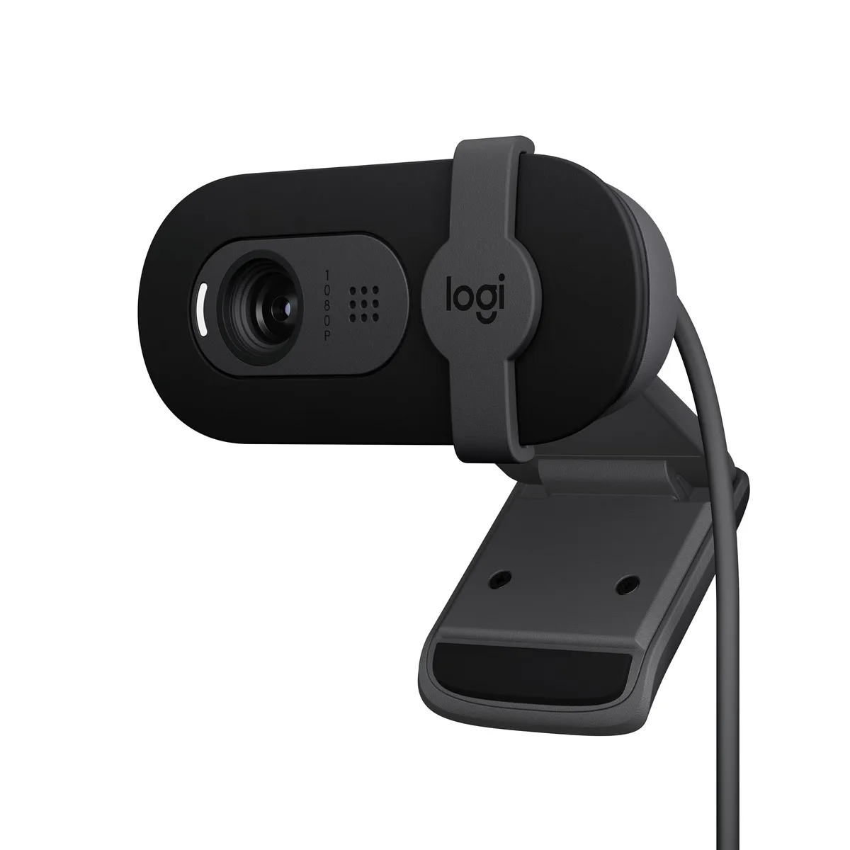 Small black rectangular webcam with integrated privacy shutter and built-in microphone, USB-A cable attached