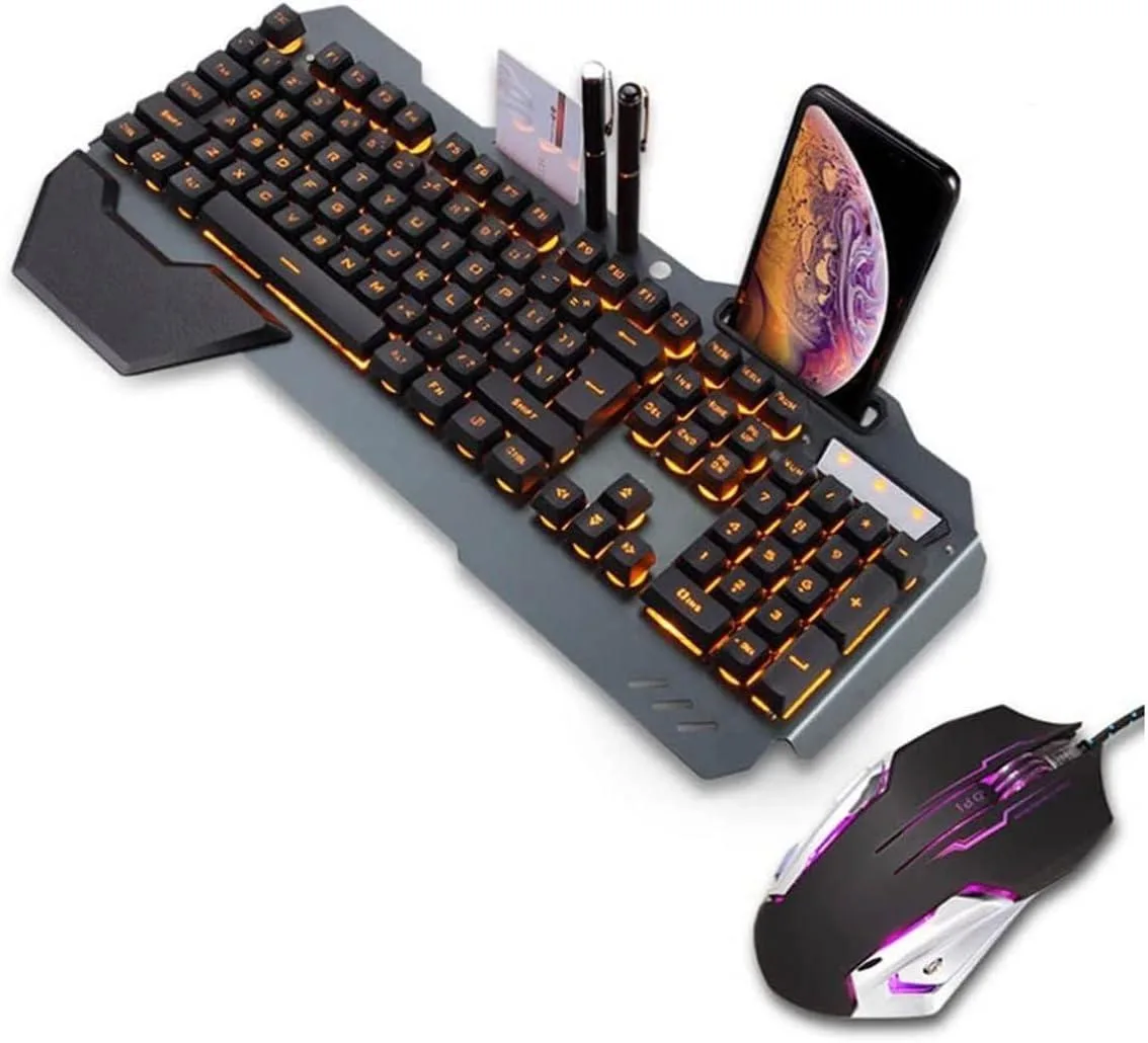 Black gaming keyboard with LED backlighting and matching USB mouse, low-profile keys, matte finish