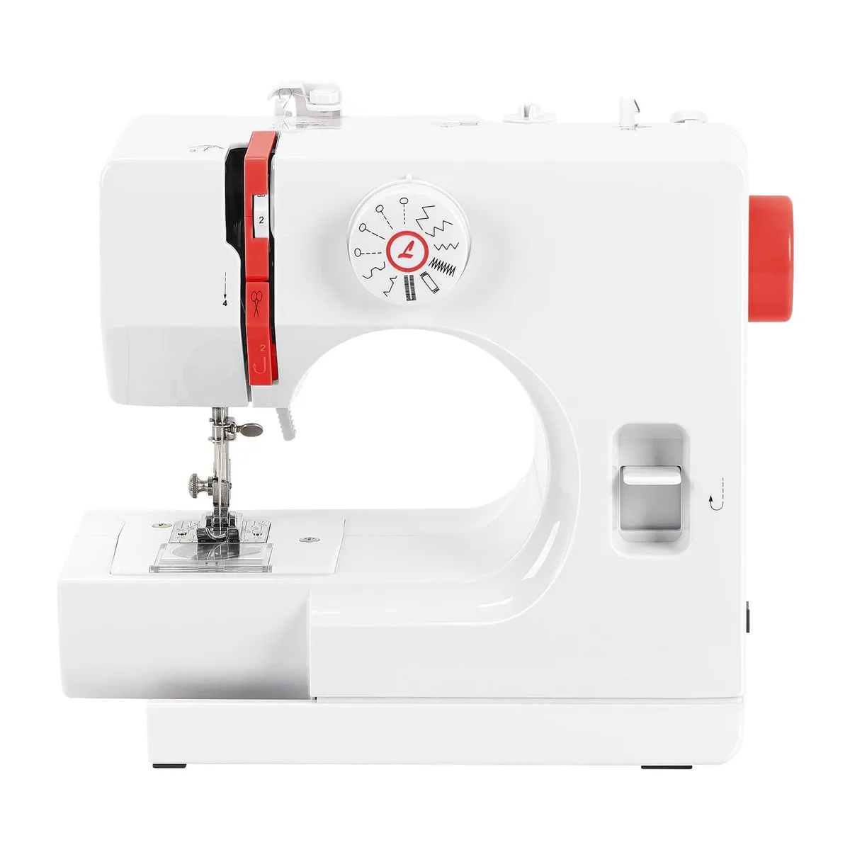 Red compact sewing machine, 10.4 by 5.1 by 9.4 inches