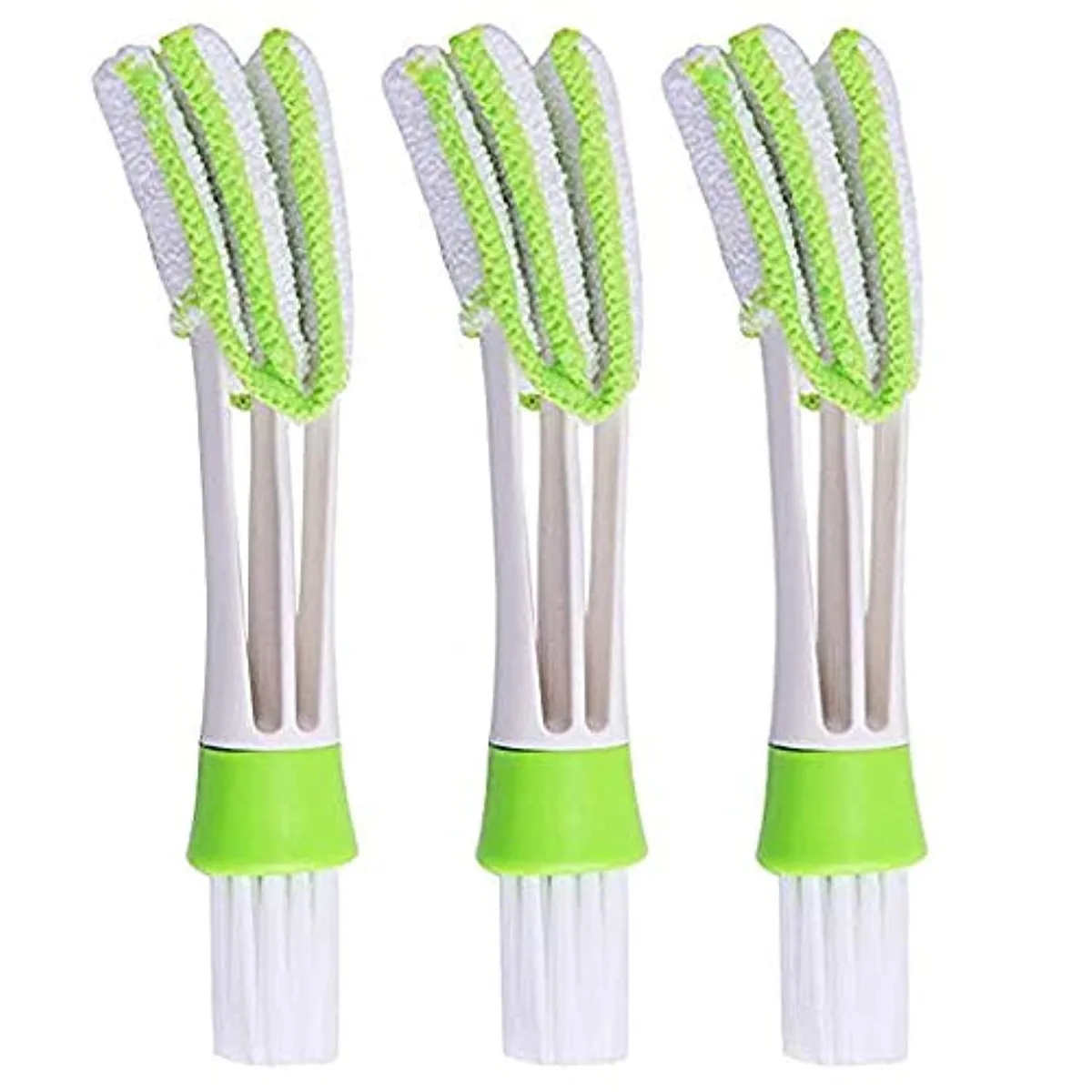 Three green and white mini dusters with dual cloth and brush ends, plastic handles, compact size
