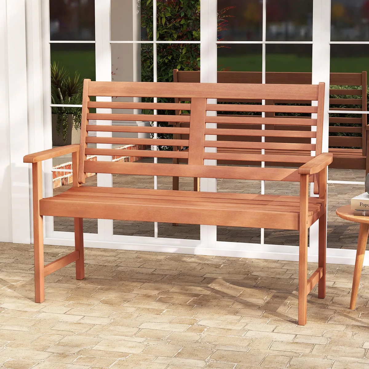Teak solid wood loveseat bench with inclined backrest and slatted seat