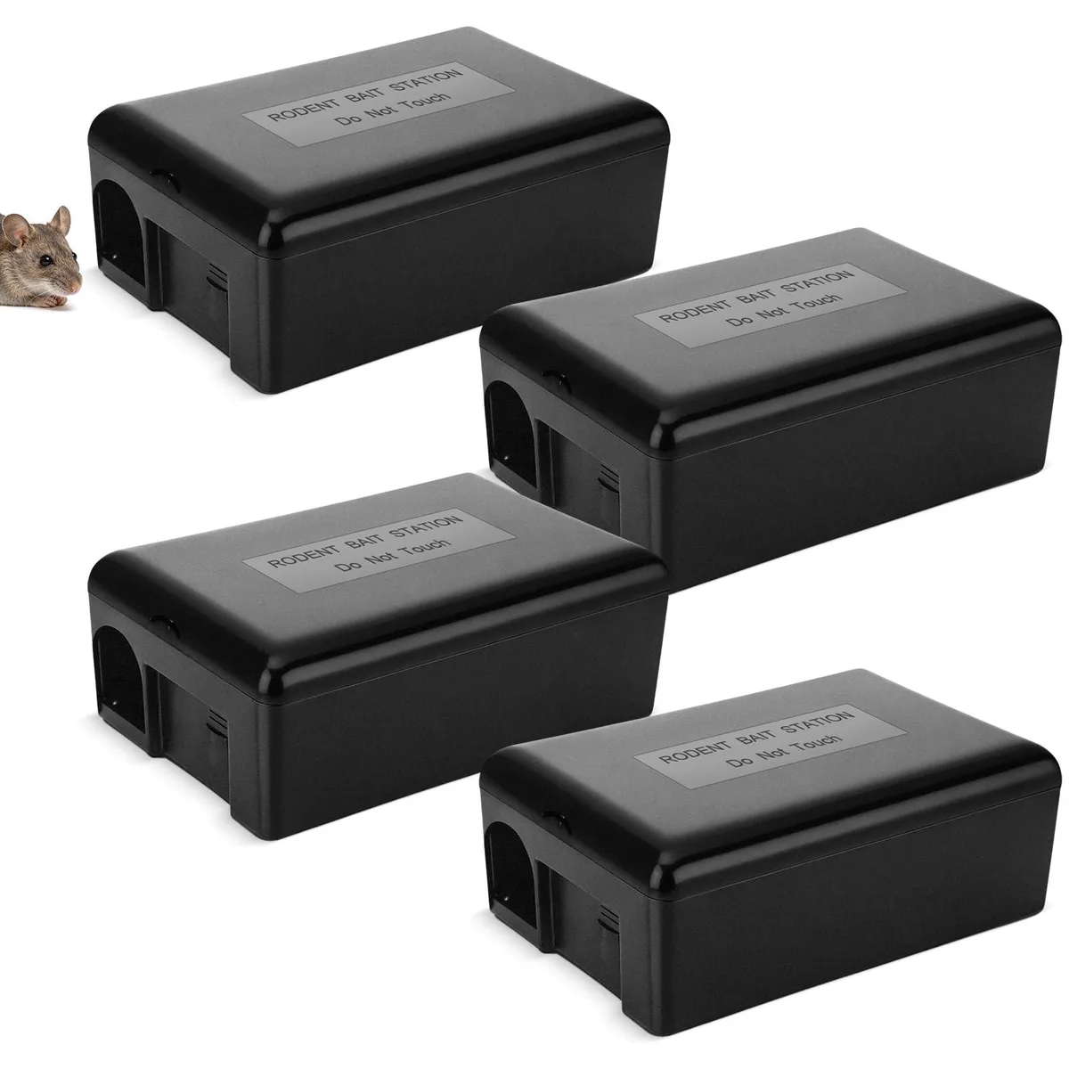 Four black lockable bait stations with keys, 10.4 inch dual-entry weatherproof boxes