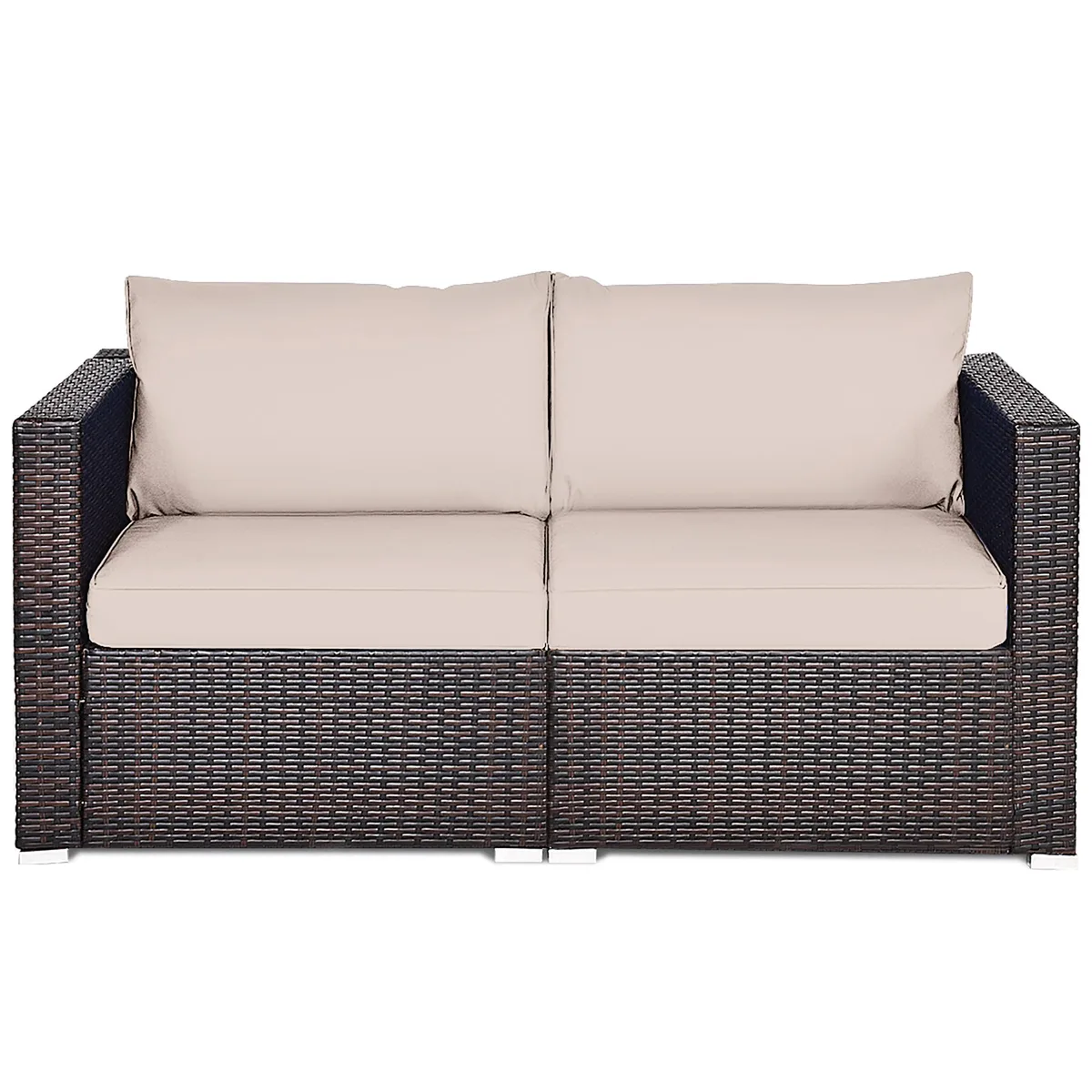 Two-piece beige rattan corner sofa set with thick cushions