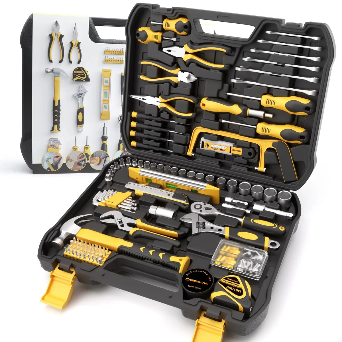 Blue tool box case containing 199-piece hand tool kit with socket wrench set