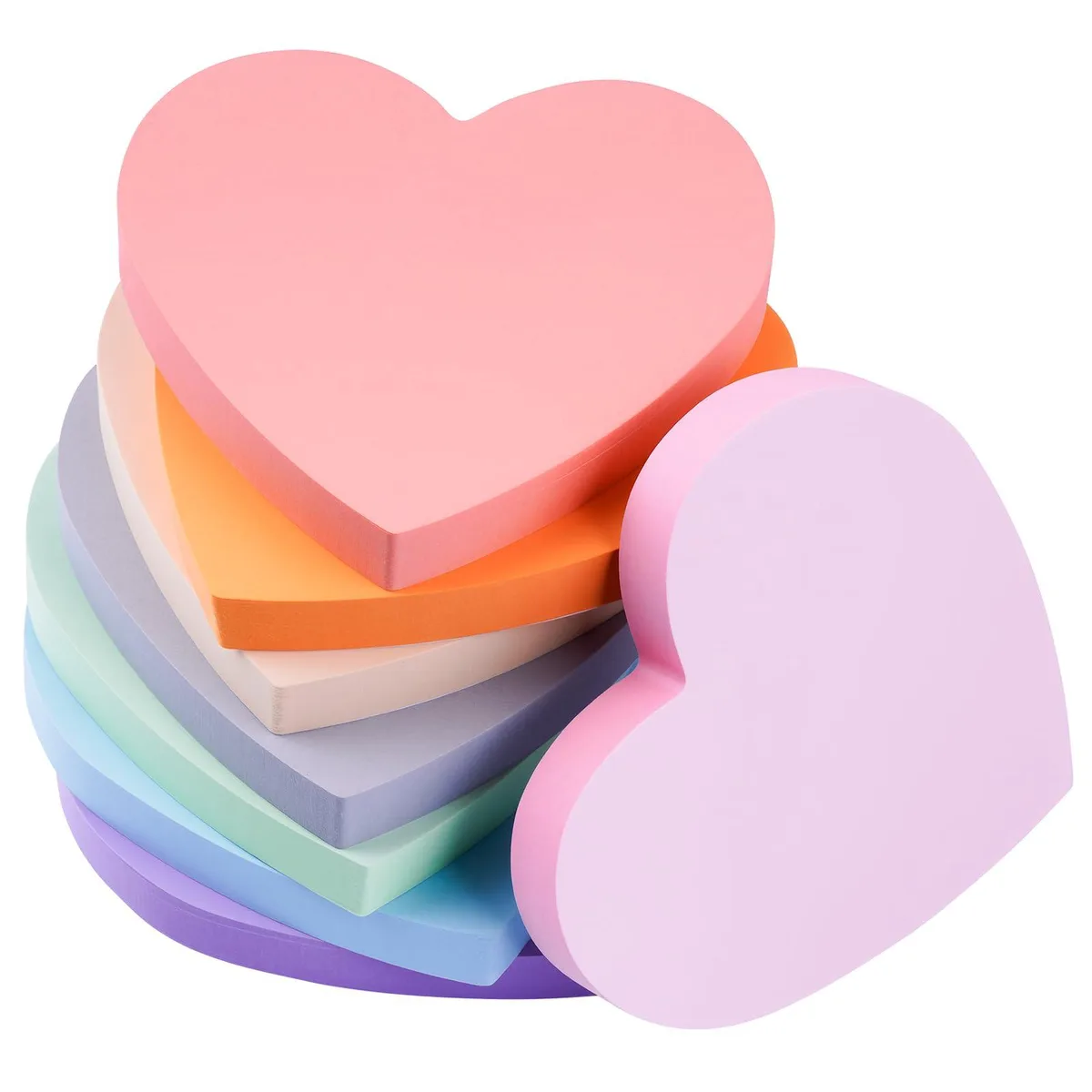 Eight pads of heart-shaped sticky notes in bright colours, 2.8 inches square, 640 sheets total