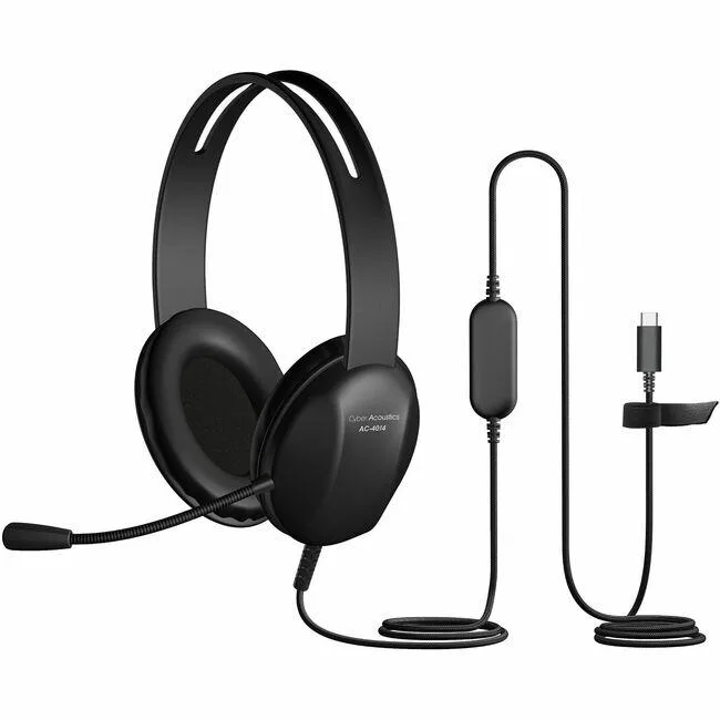 Black over-ear USB-C headset with braided cable and flexible boom mic