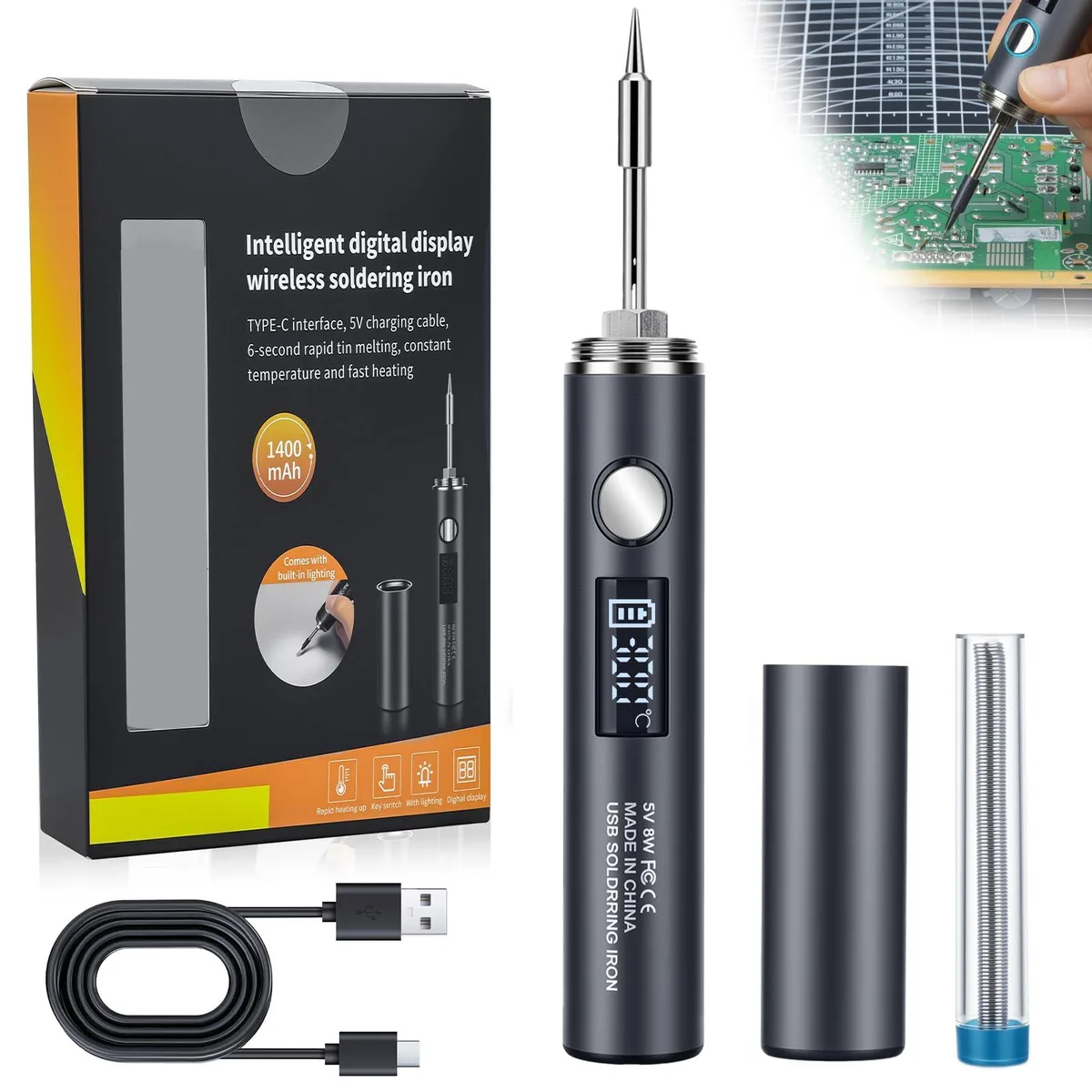 Cordless soldering iron with digital display and USB-C charging