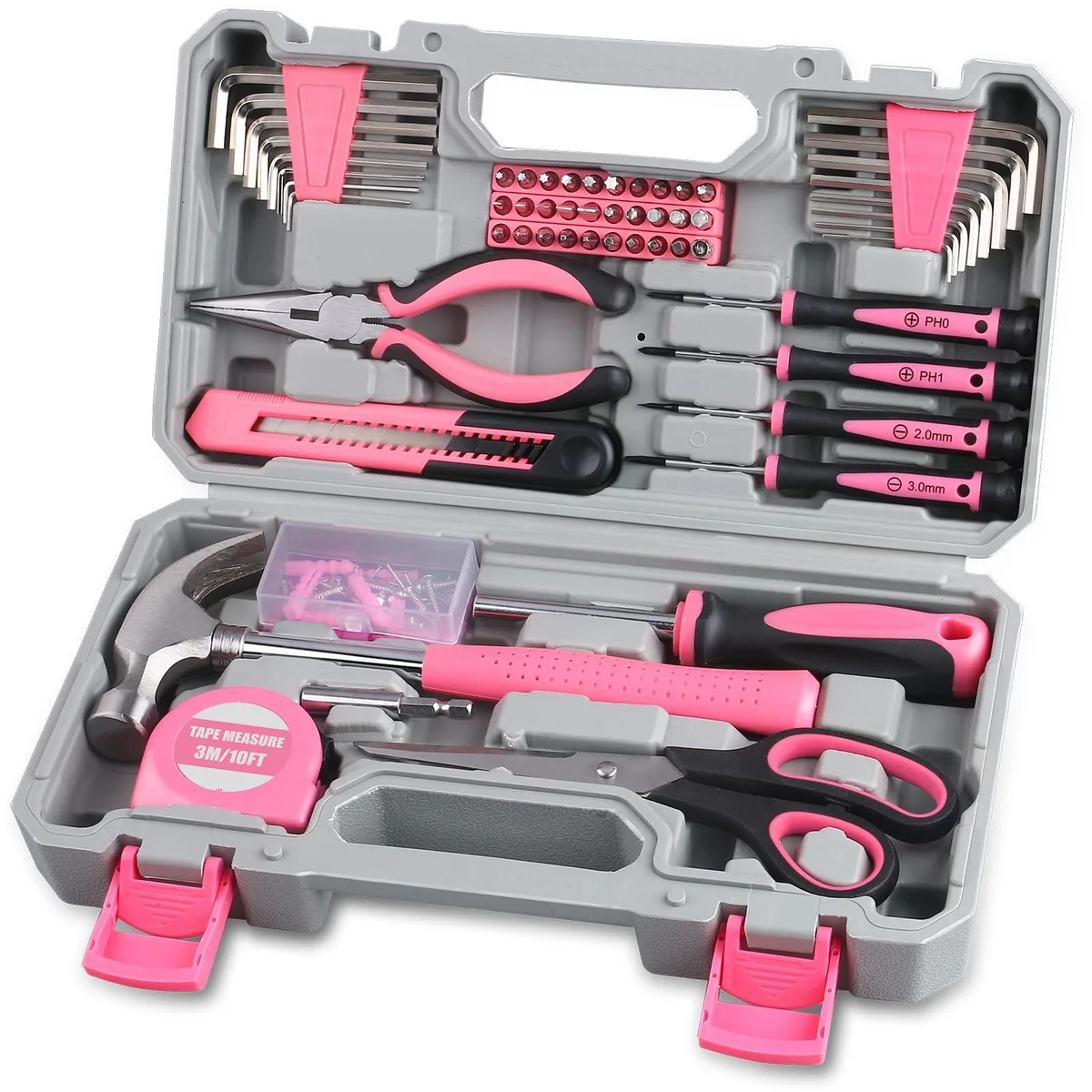 Pink 150-piece tool kit in a compact plastic toolbox, 12.9 x 7.2 x 3.3 inches