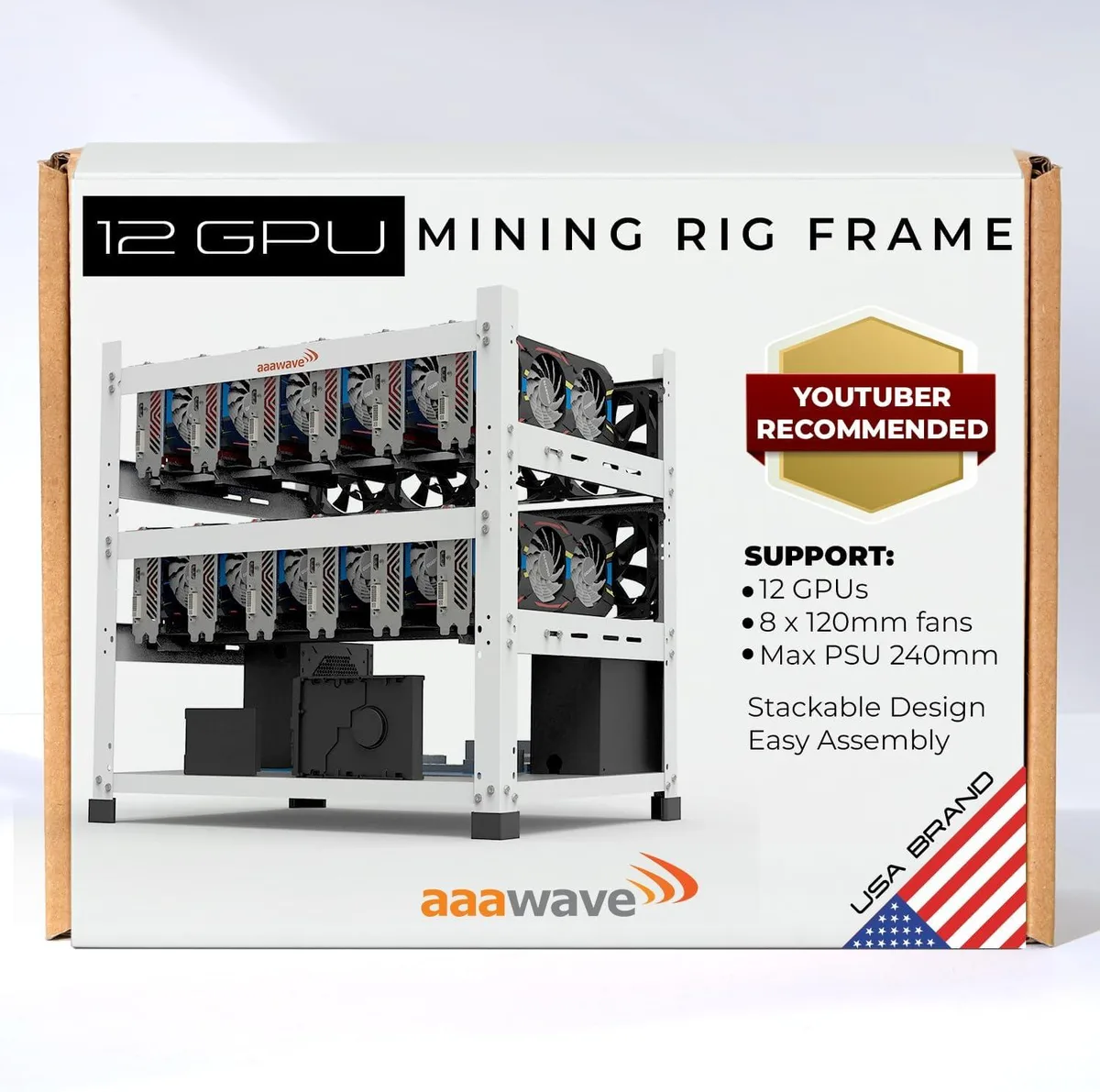 White open-frame mining rig for 12 GPUs, steel construction with rubber feet and EVA foam, stackable design