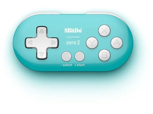 Turquoise keychain gamepad, rectangular with rounded edges, matte finish, tiny buttons and directional pad visible