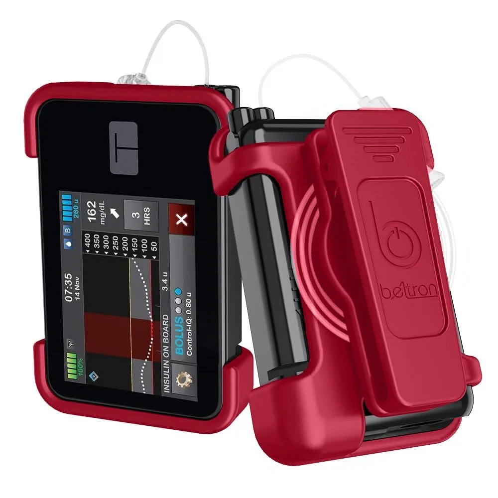 Red polycarbonate belt clip case with 360° rotating clip and 45° opening, soft felt lining