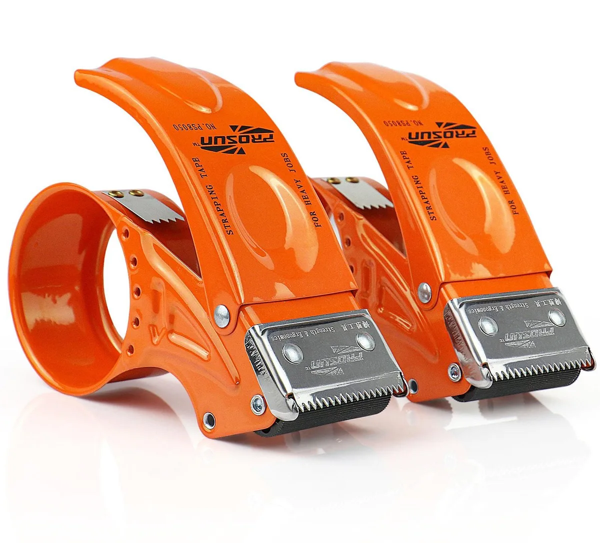 Two orange metal handheld tape dispensers with matte black finish