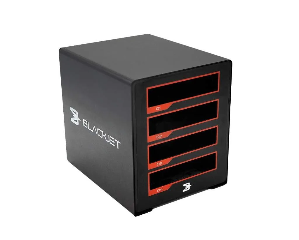 Black metal four-bay Thunderbolt dock with module slots