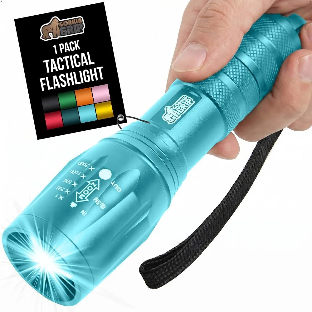 Turquoise aluminium flashlight with textured grip, zoomable head and tail switch