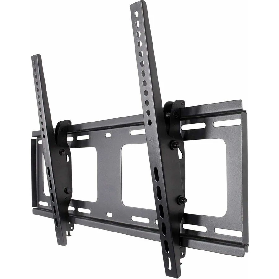 Black metal TV wall mount with tilting bracket arms and mounting hardware