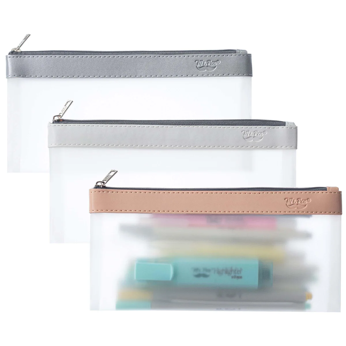 Three clear rectangular TPU pouches with beige edging and zip closures