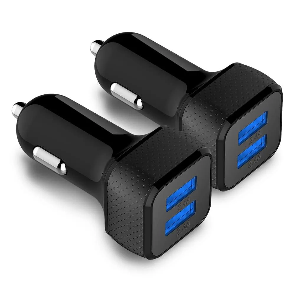 Two compact black car chargers with dual USB ports and LED indicator