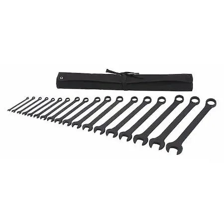 Eighteen black oxide combination wrenches in a pouch