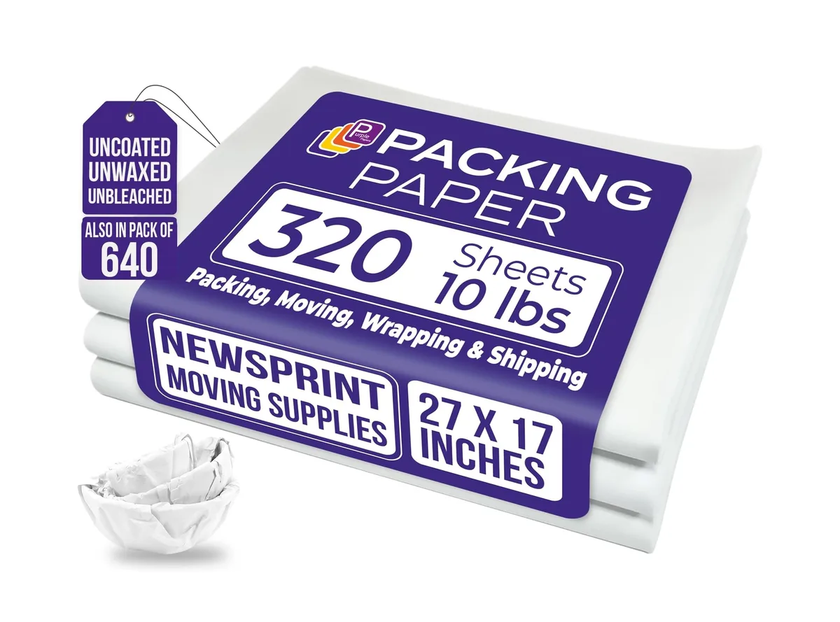 Stack of 320 white rectangular sheets, 27 by 17 inches, smooth unprinted newsprint paper
