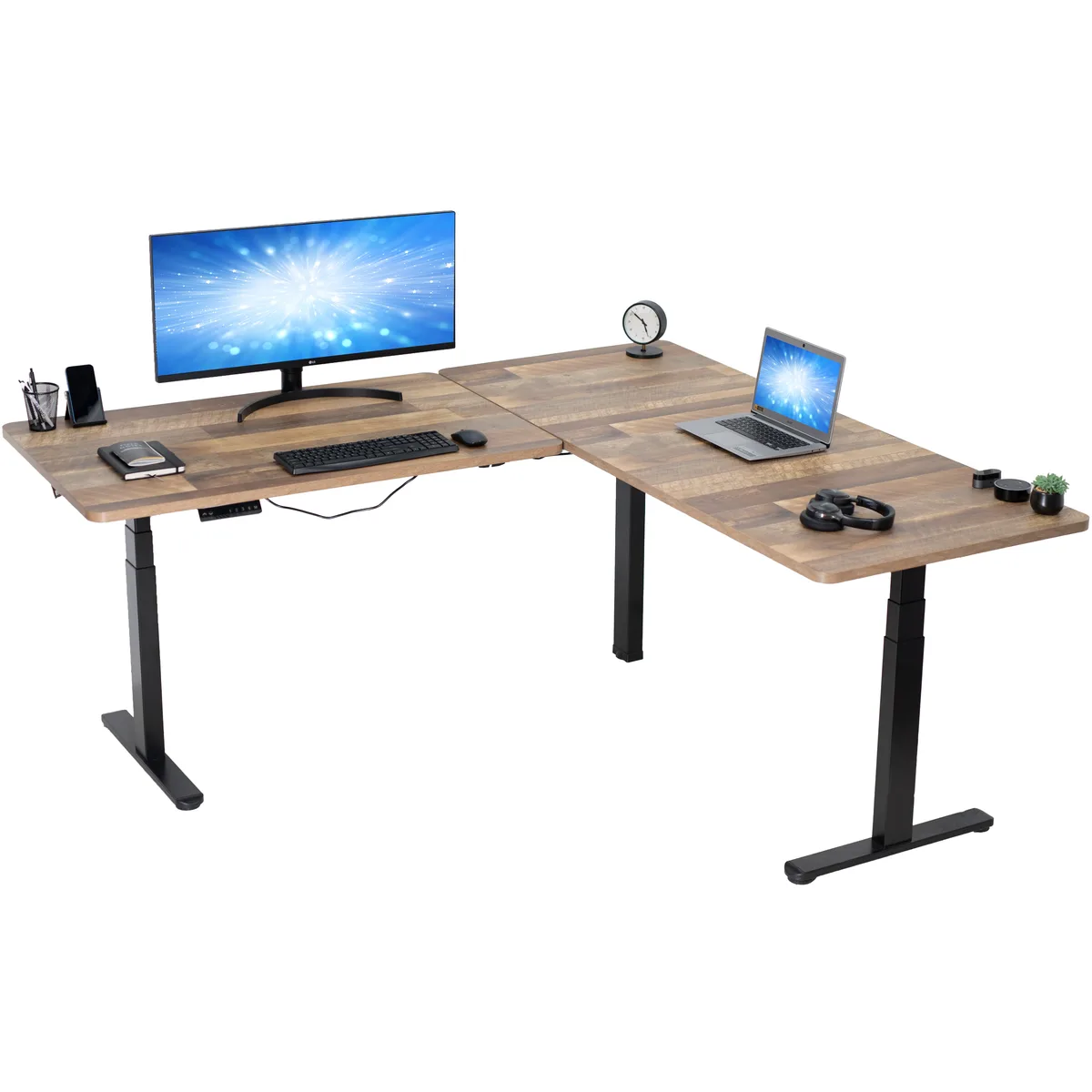 VIVO VIVO Electric Corner Desk 77" x 71" Reclaimed Wood/Black Frame — product photo