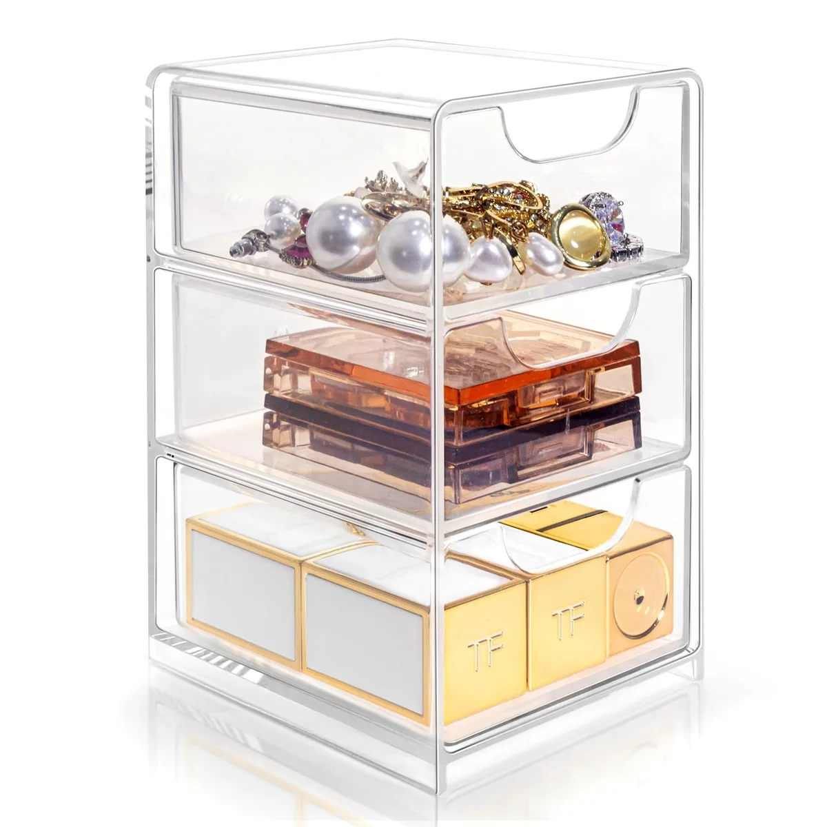 Clear plastic drawer organizer, 3.5 by 3 by 5 inches, single pull-out drawer