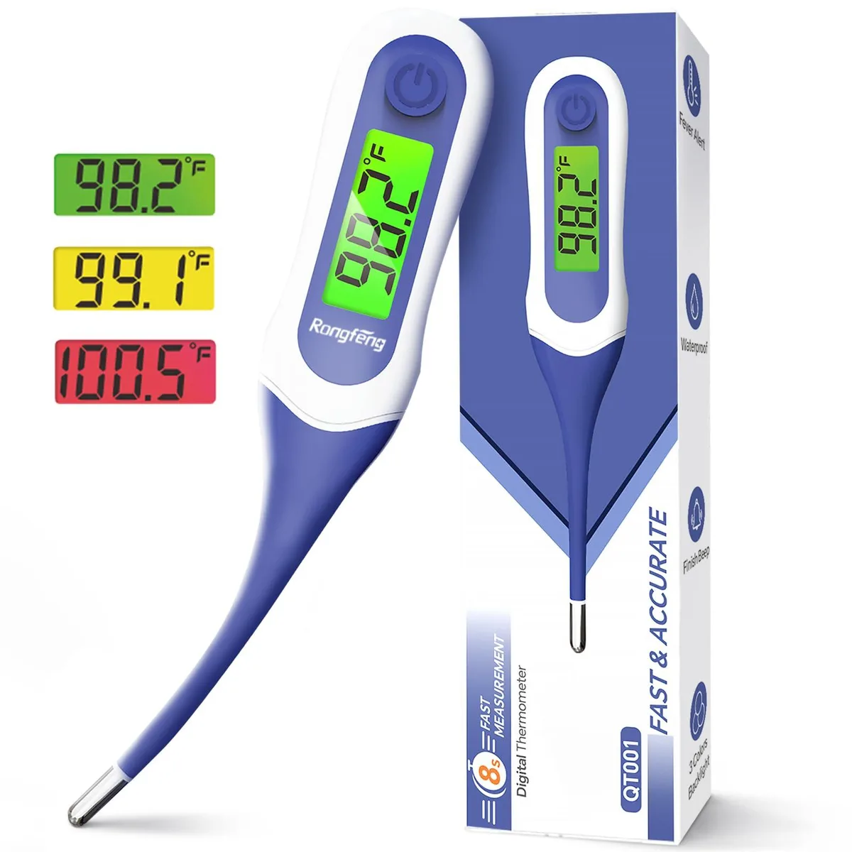 Blue digital thermometer with soft silicone tip and three-colour backlit display