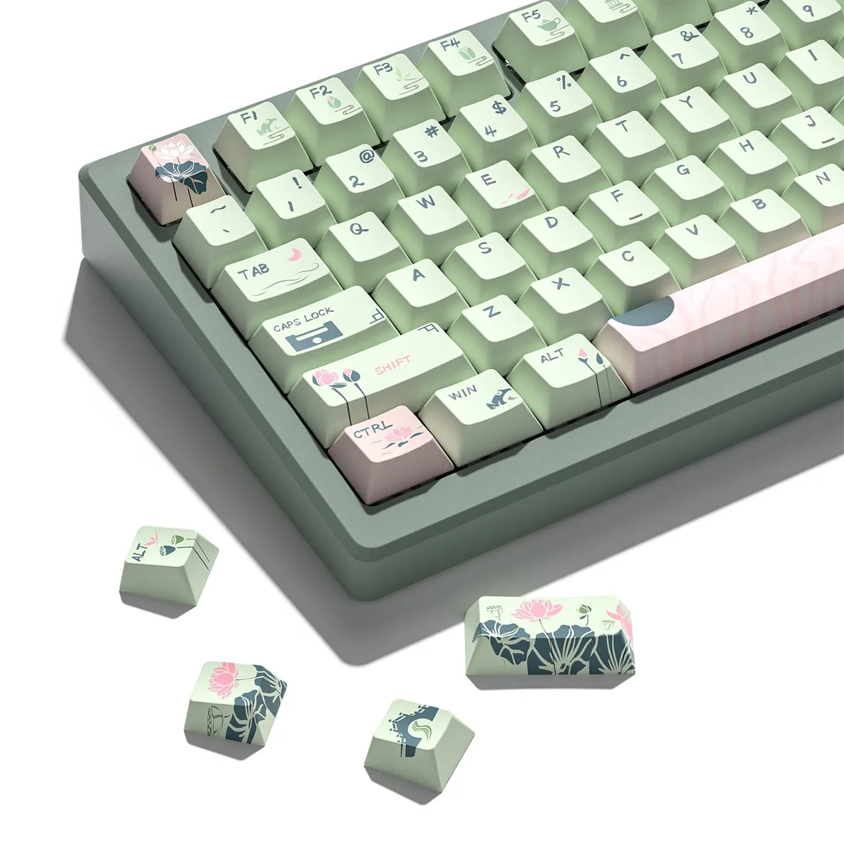 Womier Womier Summer Lotus PBT Keycaps 135 Keys Cherry Profile Black green&pink — product photo